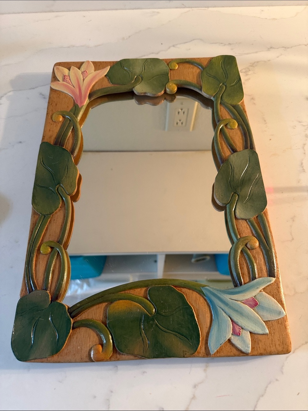 Vintage Hand-Painted and Carved Tropical Wooden Wall Mirror